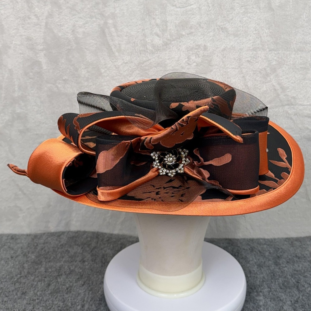 NWT Ms. Divine Hat Black Orange Wide Brim Bow Rhinestone Derby Wedding Church